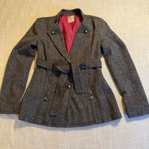Tulle Womens Wool Blend Belted Pea Coat Grey Tweed Jacket L7598 Size M